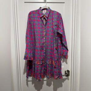 Bella Tu Bright Pink & blue Floral Tiered Shirt Dress woman’s XL
